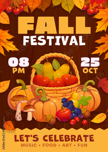 Autumn fall season festival flyer with pumpkins, mushrooms, berry and fruits harvest and falling leaves on wooden background. Cartoon vector festive invitation to celebrate with music, food and fun