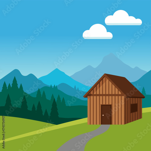 Charming Wooden Cabin Nestled in Serene Mountain Landscape with Green Hills and a Winding Path Under Clear Blue Skies