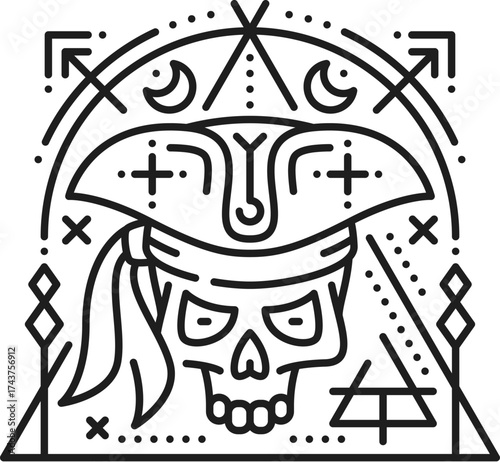 Pirate skull in tricorn hat esoteric line symbol. Pirate sailing esoteric thin line vector sign, corsair magic outline symbol. Buccaneer nautical tarot print or tattoo with dead pirate skull