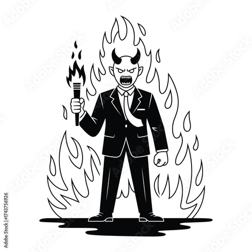 Black and white illustration of a devil in a suit holding a flaming torch surrounded by fire demon hell