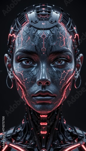 Cyborg female portrait with glowing red circuitry and cracked metallic skin, set against a dark background for a striking sci-fi technological vibe.