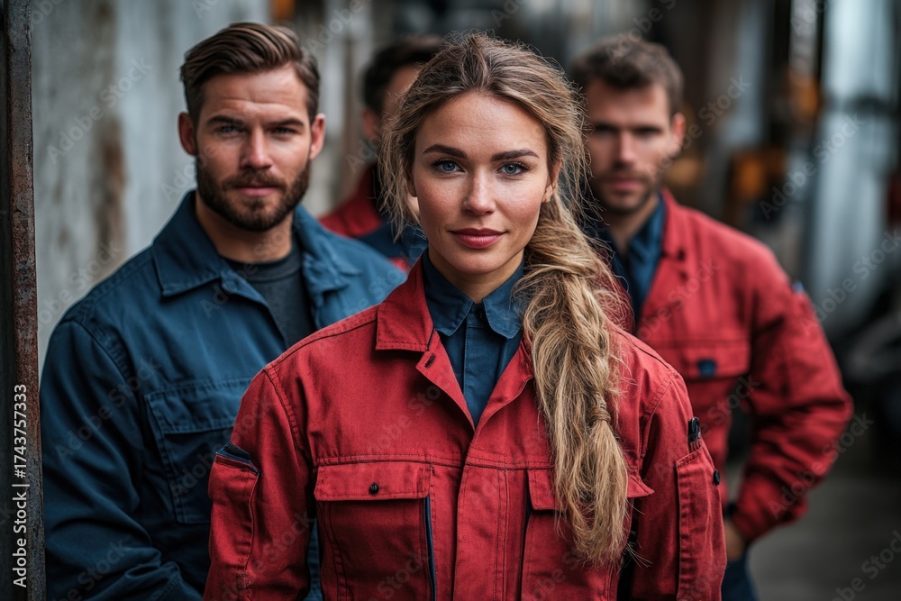 Fototapeta premium Australian Industrial Worker Team in Uniform for Manufacturing and Production. Fictional Character Created By Generative AI