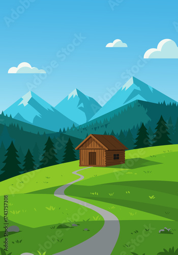 Tranquil mountain landscape illustration with a charming wooden cabin nestled on a vibrant green hill, featuring a winding path and majestic peaks under a clear blue sky
