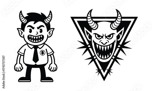 Black and white vector illustrations of a cartoon devil in a shirt and tie and a demonic face within a triangle