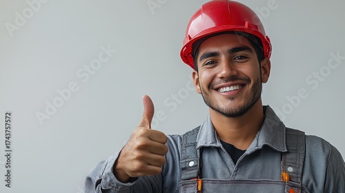 Smiling Indian Male Construction Worker in Safety Gear Giving Thumbs Up, Closeup Photo.Smiling Indian Male Construction Worker in Safety Gear Giving Thumbs Up, Closeup Photo.