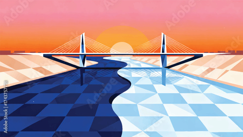 Illustration Of The Meeting Of The Blue Nile And White Nile With A Modern Bridge At Dusk Vector Design Template