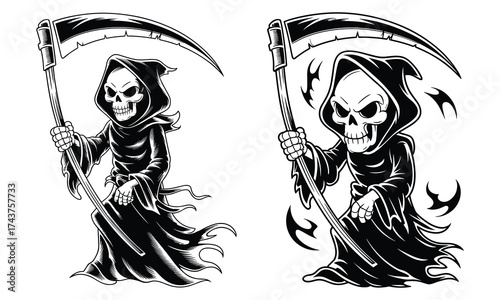 Cartoon Grim Reaper with Scythe on White Background death skeleton