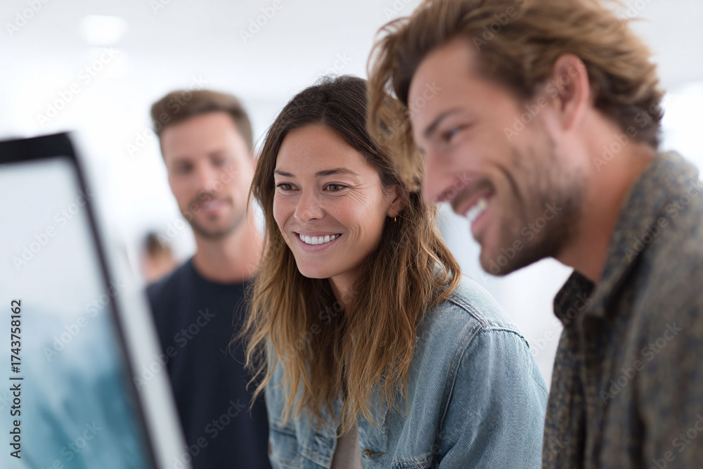 Obraz premium Smiling colleagues work together on a computer, sharing ideas and solutions. Perfect for illustrating teamwork, technology, and business growth.