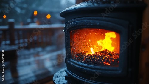 Cozy Wood Burning Stove on a Cold Snowy Evening.