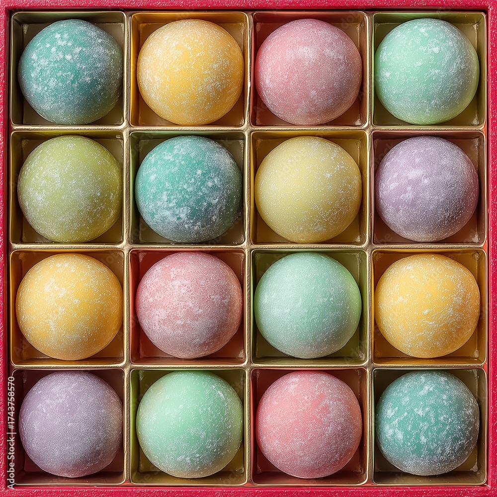 Fototapeta premium Colorful assorted mochi balls in grid arrangement