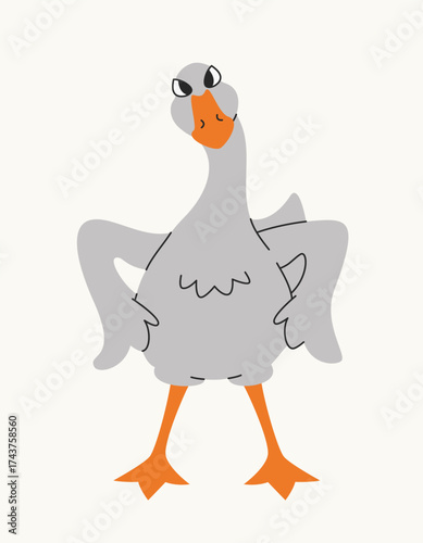 Standing disgruntled goose. Funny bird in linear flat style.
