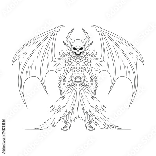 Line art drawing of a skeletal demon with large bat wings and horns skeleton monster