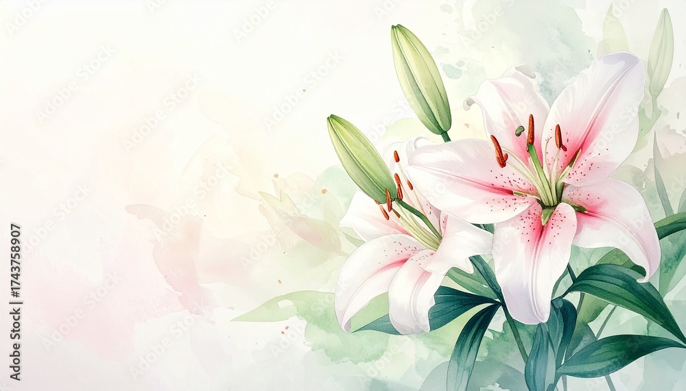 Fototapeta premium Zarter Aquarell-Hintergrund mit weißen und rosafarbenen Lilien