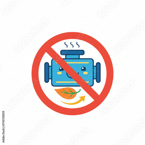 No Idling Engine Symbol with Leaf Design and Smiling Face  