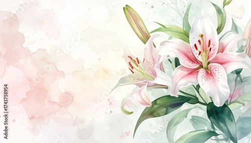 Zarter Aquarell-Hintergrund mit weißen und rosafarbenen Lilien