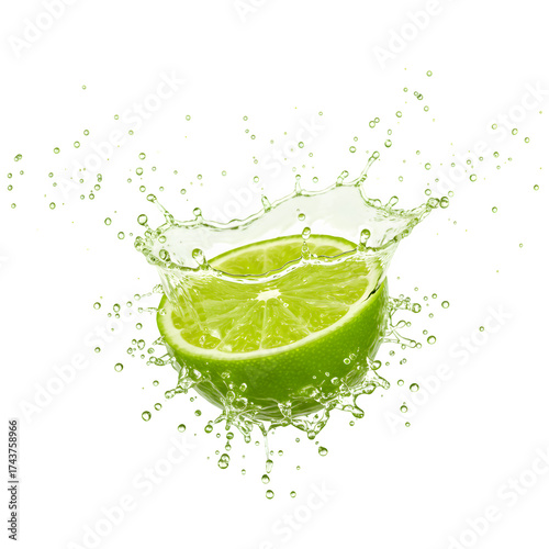 Fresh lime juice misting in a frozen burst from a twist, isolated on white or transparent background. PNG