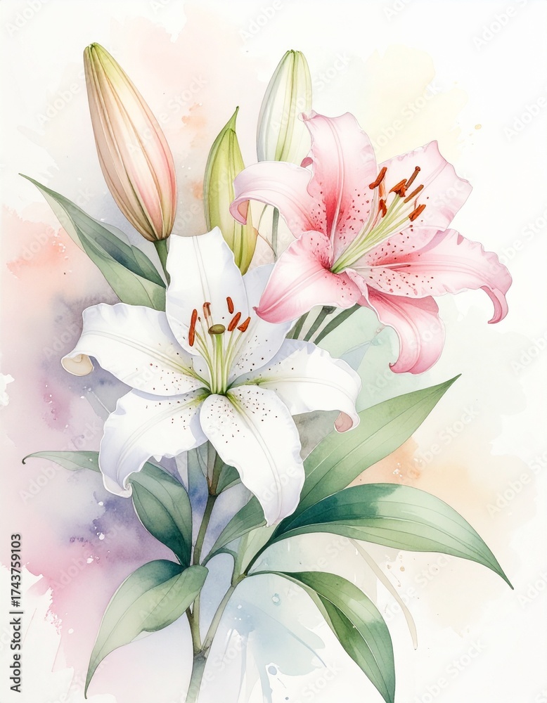 Fototapeta premium Zarter Aquarell-Hintergrund mit weißen und rosafarbenen Lilien