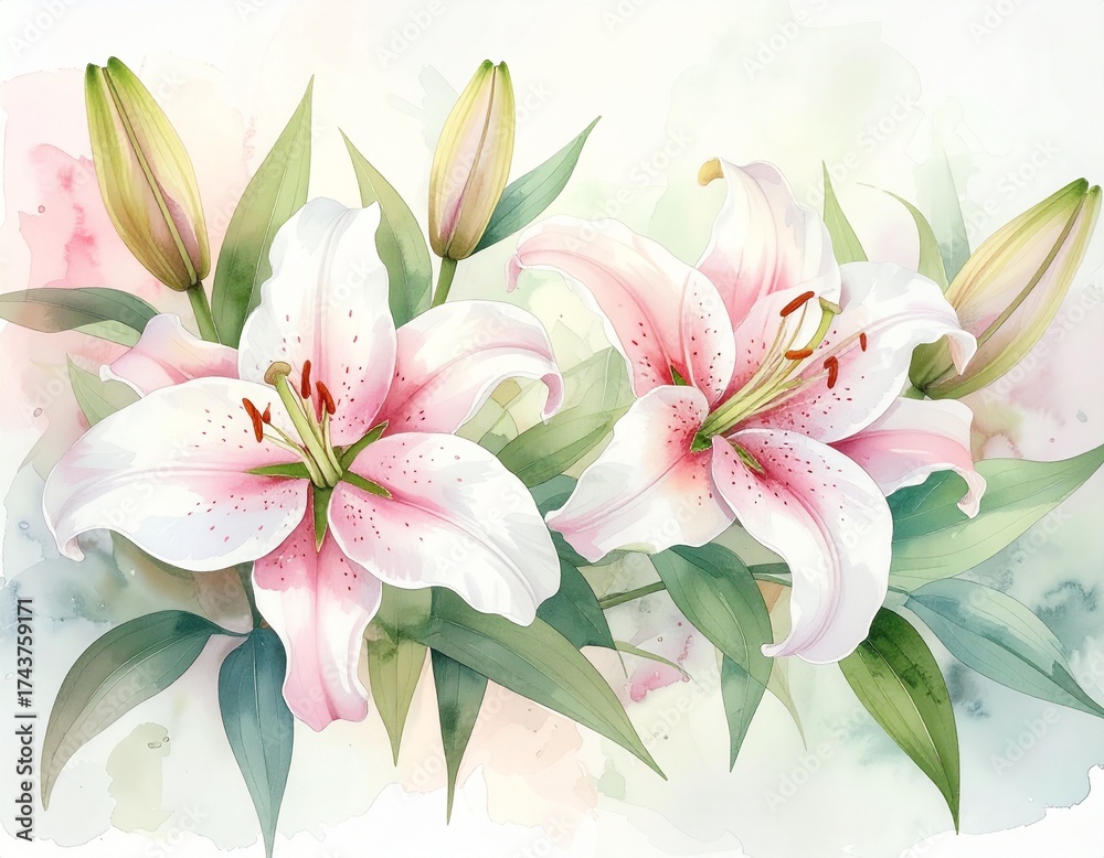 Fototapeta premium Zarter Aquarell-Hintergrund mit weißen und rosafarbenen Lilien