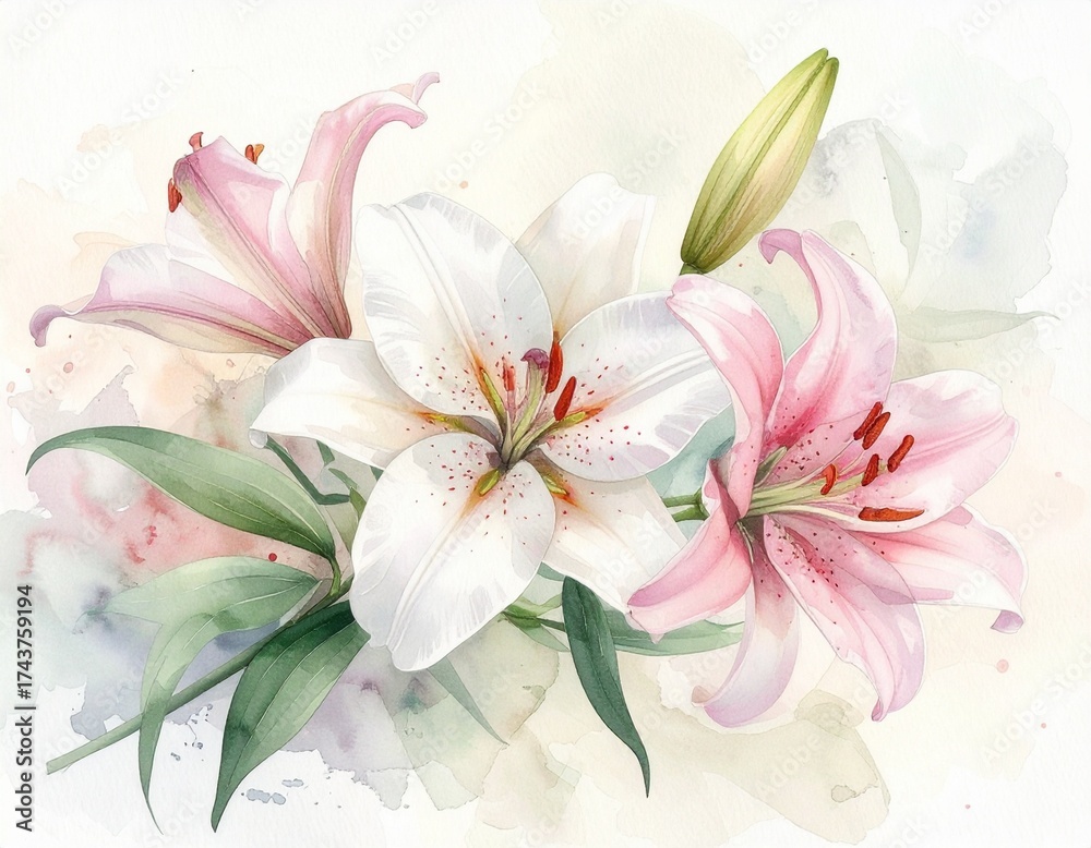 Fototapeta premium Zarter Aquarell-Hintergrund mit weißen und rosafarbenen Lilien