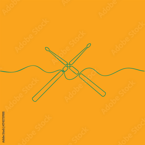 Minimalist line art depiction of knitting needles crossing over yarn on a vibrant orange