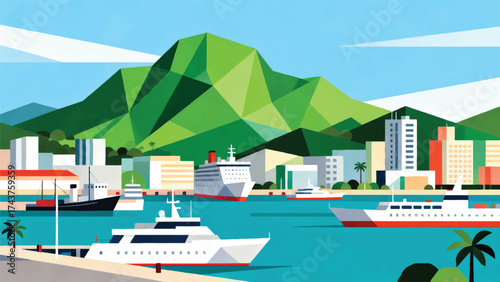 Illustration Of A Modern Harbor With Ships, Green Mountains Background, Bright Tropical Atmosphere Vector Design Template
