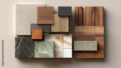 Various wood and stone samples arranged, showcasing textures and colors, ideal for interior design