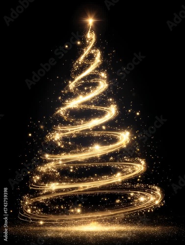 Glowing golden spiral Christmas tree made of light sparkles on black background symbolizing festive holiday joy