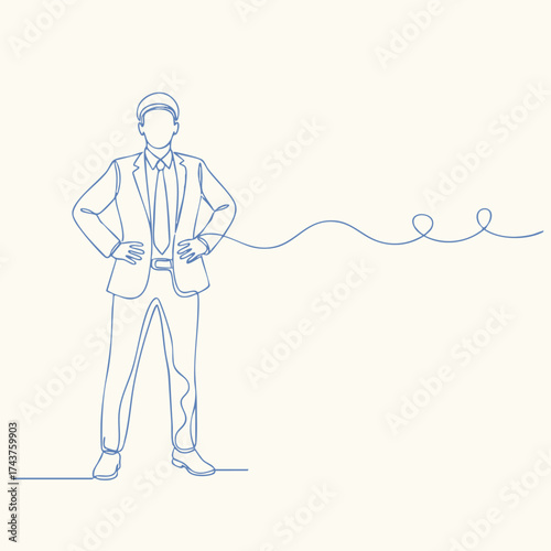 Businessman standing confidently with hands on hips, wearing headphones and a suit, connected to a continuous line representing communication or technology
