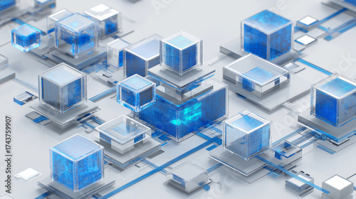 Floating blue cubes connected by lines on white platforms create a modern abstract design