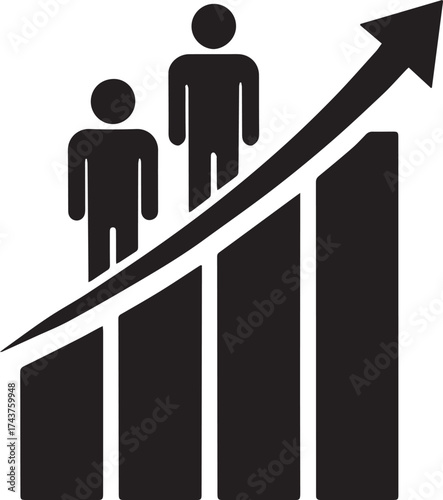 Growing bar graph icon with arrow going up. 