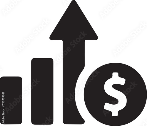Growing bar graph icon with arrow going up. Financial success and profit growth symbol. 