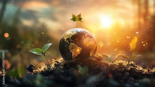 Sustainable growth earth and seedlings in nature at sunrise digital art imagery hopeful environment inspirational concept