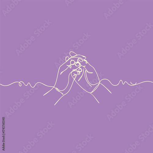 Minimalist line art of hands holding knitting needles with yarn on a purple
