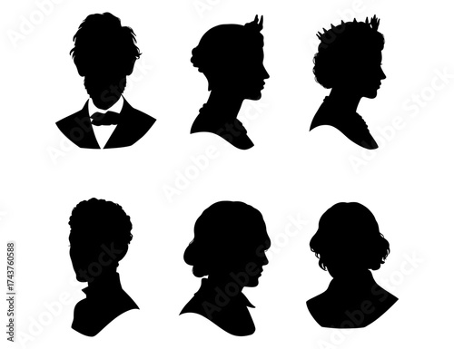 Timeless set of classical human profile silhouettes, diverse men and women portrayed in vintage illustration style