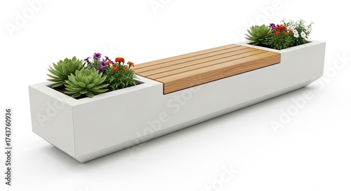Elegant Bench with Planters Isolated on White Background A Modern Urban Furnishing Design for Outdoor Spaces and Seating