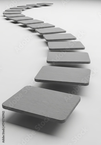 Curved path of elegant, minimalist gray rectangular stepping stones gently ascending, symbolizing progress, future opportunities, and strategic decisions, presented as a pristine 3D render isolated