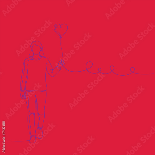 Minimalist line drawing of a woman holding a heart-shaped balloon against a bold red