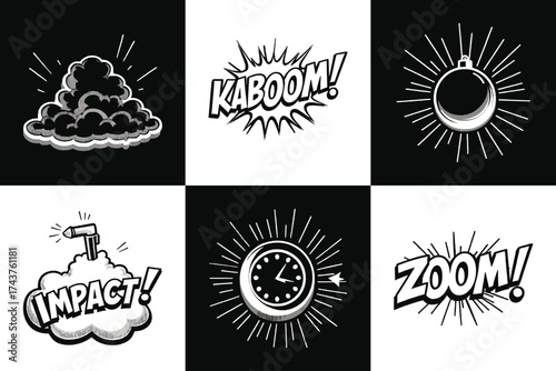 Comic explosion and action text effects illustration with kaboom zoom and impact pop art style for retro t shirt design