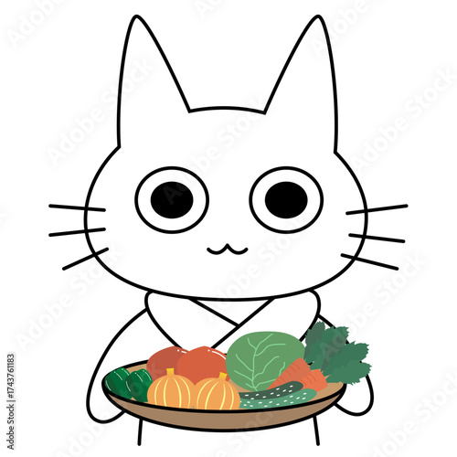 野菜をお盆に乗せて持つ猫キャラクターのかわいいイラスト。健康・料理・通販・食材販売・食育・農業・オーガニック素材・家庭的なシーンに最適なベクター素材