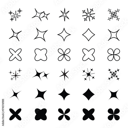 Collection of abstract starburst and geometric shapes with hand drawn artistic style and black ink on white background