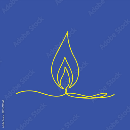 Minimalist line drawing of a lit candle with a flowing flame on a solid blue emphasizing simplicity and tranquility