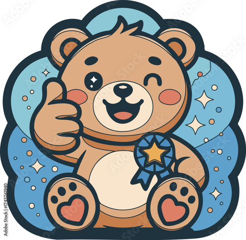 Star Badge Thumbs Up Bear – Kawaii Reward Sticker (Vector)