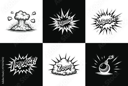Comic explosion and bomb blast illustration with kaboom impact and zoom pop art style for graphic t shirt design