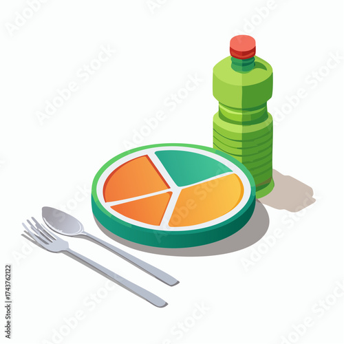 Isometric illustration of a green divided plate with orange and yellow sections, a fork, a spoon, and a green bottle of dish soap.