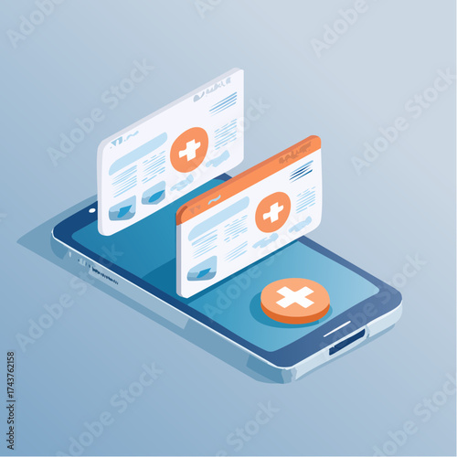 Isometric smartphone with medical app interfaces and a cross button.