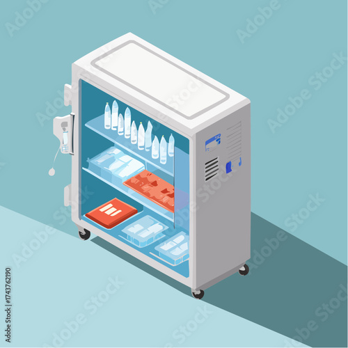 Isometric illustration of a mobile medical refrigerator used for storing biological samples and specimens.
