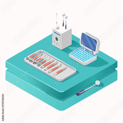 A collection of dental instruments and equipment arranged on a sterile tray and platform.