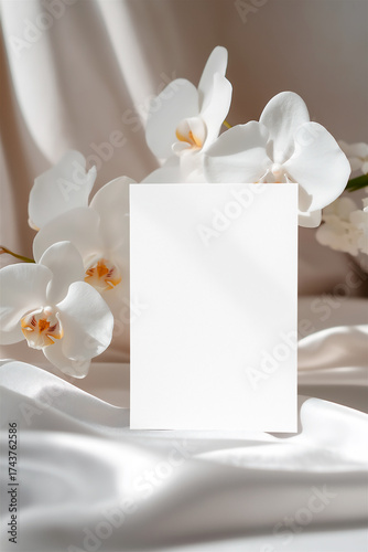 Orchid Wedding Invitation Mockup on Satin Fabric with White Flowers