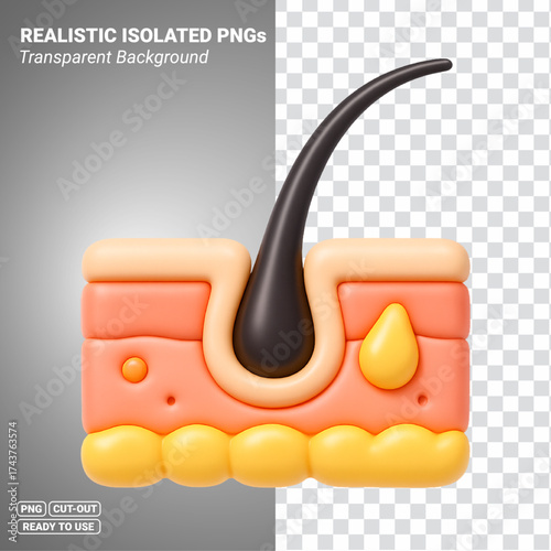 Hair Follicle Skin Pore With Sebum 3D Icon Transparent PNG file ready to be used.