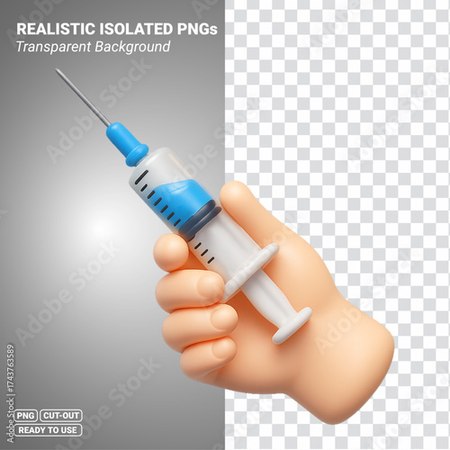 Hand Holding Syringe Vaccine Injection 3D Icon Transparent PNG file ready to be used.